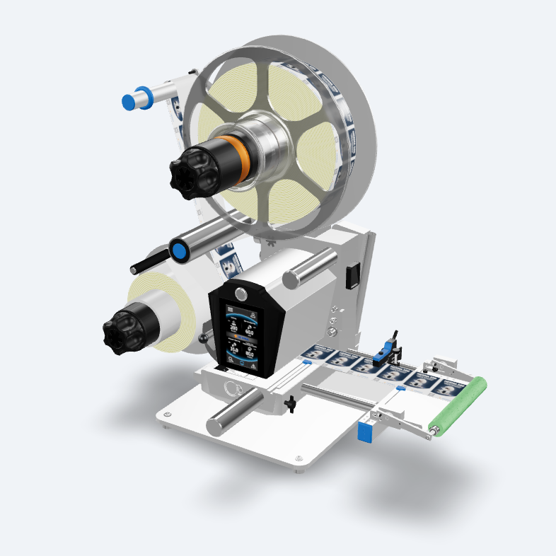 A labelling machine with two rollers, a control panel, and a conveyor belt for the automatic labelling of products.
