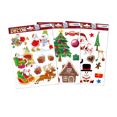 Weihnachtliche Fensterdekoration mit verschiedenen Motiven wie Santa Claus, Schneemann, Weihnachtsbaum und Geschenken.