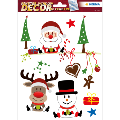 Weihnachtliche Fensterdekoration mit Santa Claus, einem Rentier, einem Schneemann, Weihnachtsbäumen, Sternen und Geschenken.