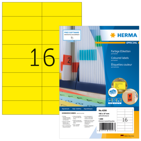Gelbe Etiketten mit der Nummer 16, verpackt in einer Herma Box, die Informationen zu farbigen Etiketten enthält.
