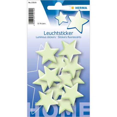 Leuchtende Sternaufkleber in verschiedenen Farben, verpackt in einer Blisterverpackung mit 12 Stück.