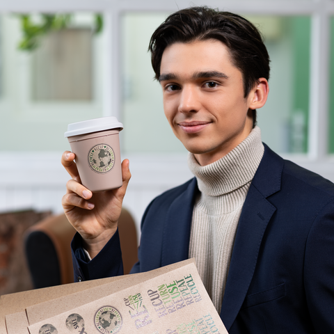 A young man in an elegant outfit holds a coffee cup and smiles. In the background, furniture and windows are visible.