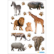 Tieraufkleber mit einem Zebra, Nilpferd, Löwen, Löwenjungtier, Giraffe, Leopard, Elefant und Nashorn, umgeben von Pfotenabdrücken.