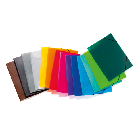 Bunte Kunststoffordner in verschiedenen Farben, angeordnet in einer Reihe.