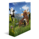 A folder with a picture of two cows in a meadow, surrounded by flowers and mountains in the background.