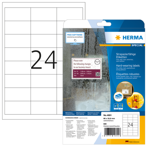 Etikettenblatt mit der Nummer 24 und robusten Etiketten von Herma, inklusive Informationen zu Software und Anwendungshinweisen.