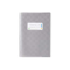 Ein graues Notizbuch mit einem weißen Aufkleber, der Platz für eine Beschriftung bietet.