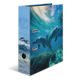 A folder with a colorful design featuring dolphins in the water, surrounded by waves and a clear sky.