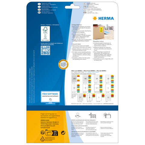 Rückseite einer Verpackung mit Informationen zu Etiketten, Software und Anwendungsbeispielen. Enthält QR-Code und Symbole für Nachhaltigkeit.