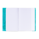 Ein offenes kariertes Notizbuch mit leeren Seiten und einem bunten, geometrischen Cover.
