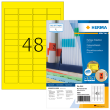 Gelbe Etiketten mit der Nummer 48, verpackt in einer Herma-Box, die farbige Etiketten für verschiedene Anwendungen enthält.