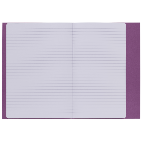 Offenes Notizbuch mit liniertem Papier und lila Einband. Die Seiten sind leer und bereit zum Beschreiben oder Notieren.