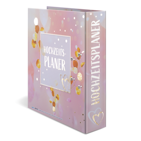 Hochzeitsplaner mit einem pastellfarbenen Design, goldenen Akzenten und dem Titel "HOCHZEITS-PLANER" auf der Vorderseite.