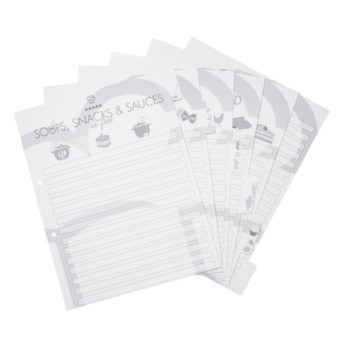 Sechs leere Rezeptkarten mit den Überschriften „Soups, Snacks & Sauces“ und Platz für Zutaten und Anweisungen.