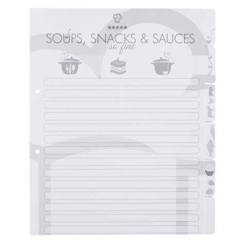 Rezeptbuchseite mit dem Titel "Soups, Snacks & Sauces" und leeren Zeilen zum Eintragen von Rezepten. Icons von Lebensmitteln sind abgebildet.