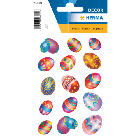 Bunte Aufkleber von Ostereiern in verschiedenen Designs und Farben, angeordnet auf einem weißen Hintergrund.