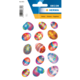 Bunte Aufkleber von Ostereiern in verschiedenen Designs und Farben, angeordnet auf einem weißen Hintergrund.