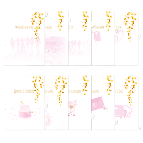 Hochzeitsplanungsheft mit verschiedenen Kategorien wie Speisen, Getränke, Ausgaben und Dekoration, verziert mit floralen Elementen.
