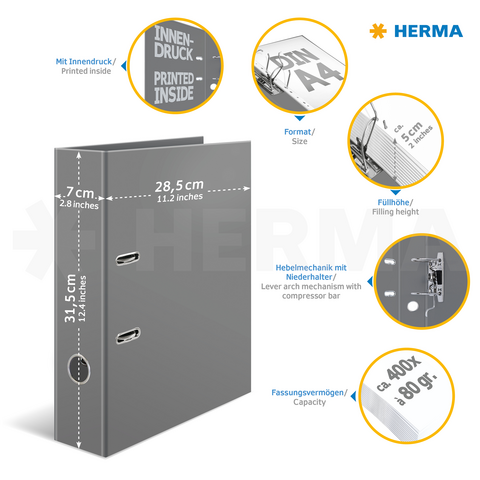Gray binder with dimensions of 31.5 cm x 28.5 cm x 7 cm, interior printing, lever mechanism, and capacity for 400 sheets of 80 g/m² paper.