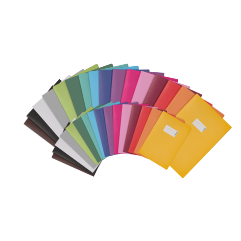 Colorful binders in various colors, arranged in a semicircle, with a yellow binder at the end.