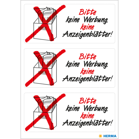 Aufkleber mit der Aufforderung, keine Werbung und keine Anzeigenblätter zu hinterlassen, abgebildet in drei identischen Zeilen.