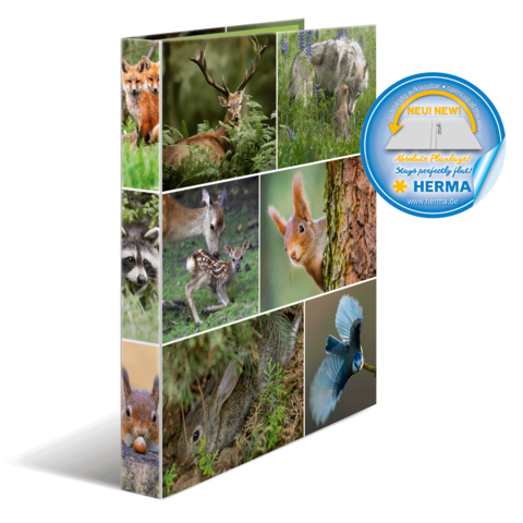 Ordner mit verschiedenen Wildtieren, darunter Füchse, Rehe, Eichhörnchen und Vögel, auf einem grünen Hintergrund.