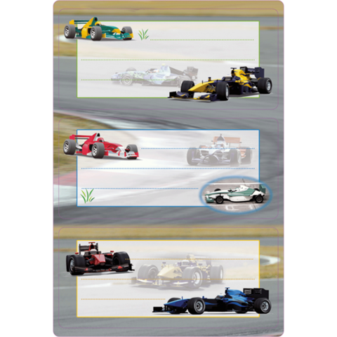 Mehrere Rennwagen in verschiedenen Farben auf einer Rennstrecke, umgeben von Linien für Notizen.