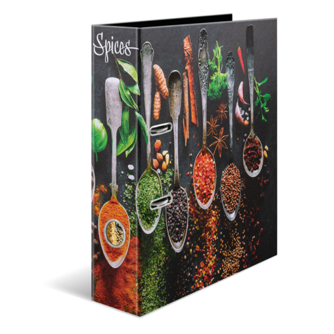 Eine Sammlung von Gewürzen in Löffeln, angeordnet auf einer dunklen Oberfläche, mit verschiedenen Farben und Texturen der Gewürze.