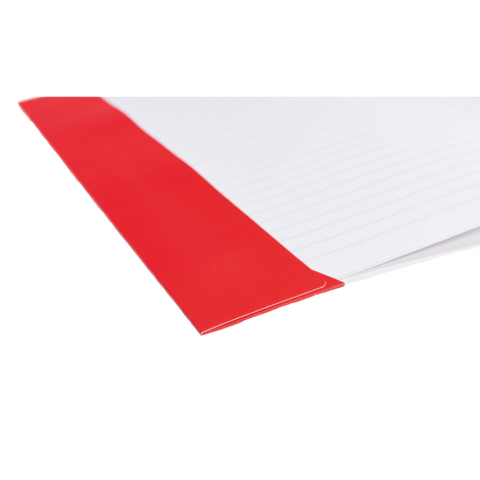 Ein Notizblock mit linierten Seiten und einem roten Rand.