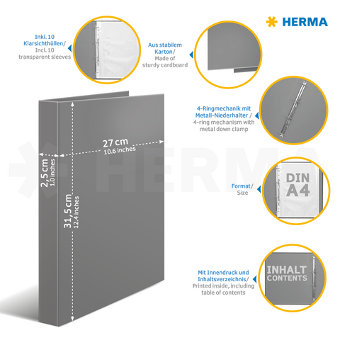 Gray binder with a 4-ring mechanism, including 10 clear plastic sleeves, designed for A4 documents, made from sturdy cardboard.