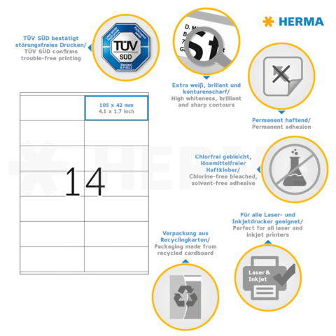 TÜV SÜD confirms trouble-free printing. Adhesive labels, chlorine-free bleached, suitable for laser and inkjet printers. Packaging made from recycled cardboard.