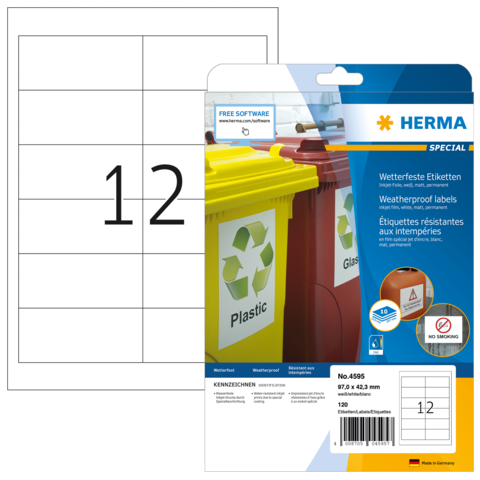 Wetterfeste Etiketten von Herma für Mülltrennung, mit der Aufschrift "Plastic" und einer Packungsgröße von 120 Etiketten.