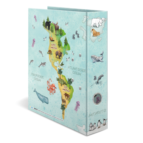 Eine farbenfrohe Karte von Amerika mit Tieren und Ozeanen, die die geografischen Regionen Nordamerika, Südamerika und die Ozeane zeigt.