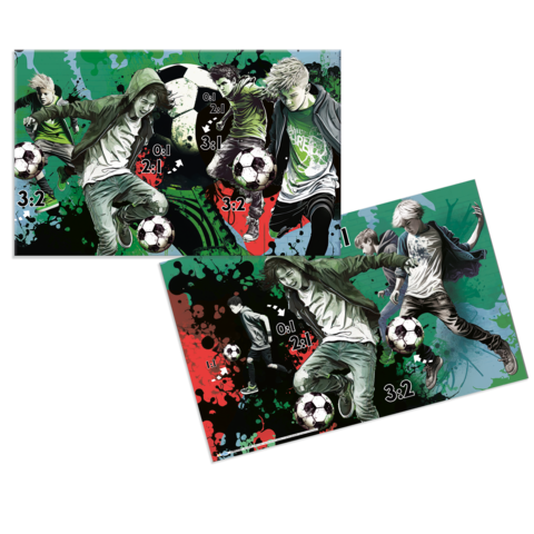 Zwei stilisierte Fußballspieler in Bewegung, die einen Ball dribbeln. Grafische Elemente in Grün, Schwarz und Rot umrahmen die Szene.