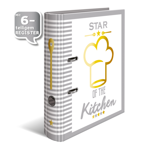 Ein Rezeptordner mit dem Titel "STAR OF THE KITCHEN" und einem Kochhut-Design, inklusive einem 6-teiligen Register.