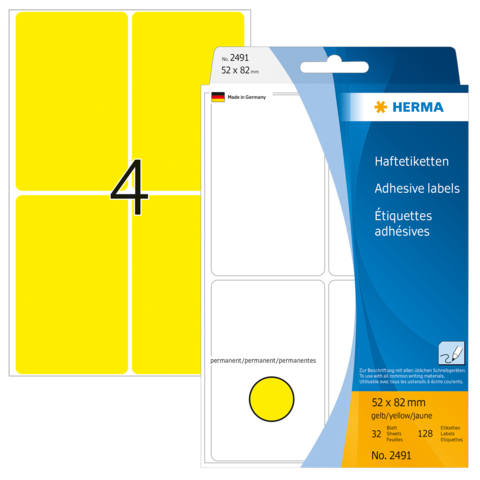 Gelbe Haftetiketten von Herma, 52 x 82 mm, 32 Stück, permanent, auf Verpackung mit Nummer 2491.