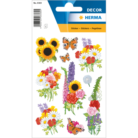 Bunte Aufkleber mit verschiedenen Blumen, Schmetterlingen und dekorativen Elementen, ideal für Bastelprojekte.