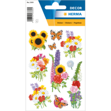 Bunte Aufkleber mit verschiedenen Blumen, Schmetterlingen und dekorativen Elementen, ideal für Bastelprojekte.