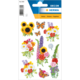 Bunte Aufkleber mit verschiedenen Blumen, Schmetterlingen und dekorativen Elementen, ideal für Bastelprojekte.