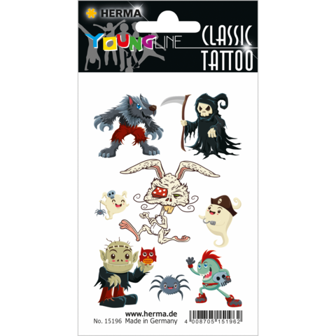 Tattooaufkleber mit verschiedenen Charakteren: Werwolf, Skelett, Pirat, Geister und andere fantasievolle Figuren.
