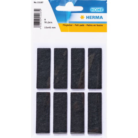 Acht schwarze Filzgleiter in rechteckiger Form, verpackt auf einer Blisterkarte. Maße: 15x45 mm.