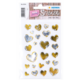 Aufkleber mit verschiedenen Herzen in Silber und Gold auf einem weißen Hintergrund, verpackt für den Verkauf.