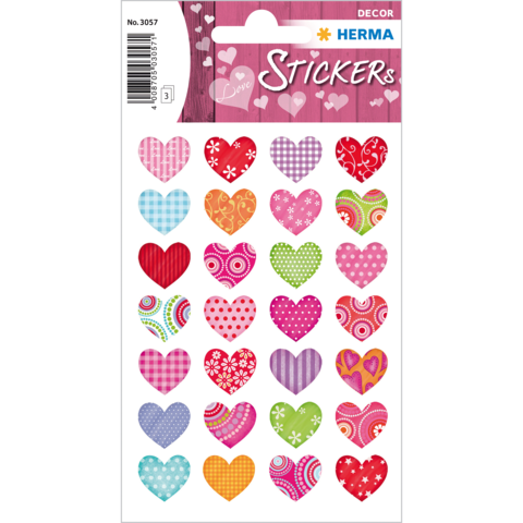 Bunte Herzaufkleber in verschiedenen Designs und Farben, angeordnet auf einem Stickerbogen mit dem Titel "Stickers".