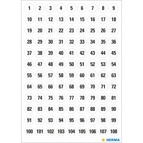 Eine Tabelle mit nummerierten Kreisen von 1 bis 108, angeordnet in mehreren Reihen und Spalten.
