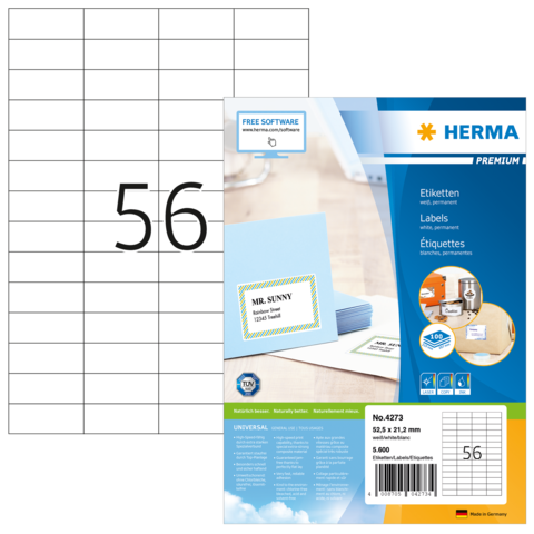 Etikettenpackung mit der Nummer 4273 von Herma, zeigt ein Beispieletikett mit dem Namen "MR. SUNNY" und die Anzahl 56.