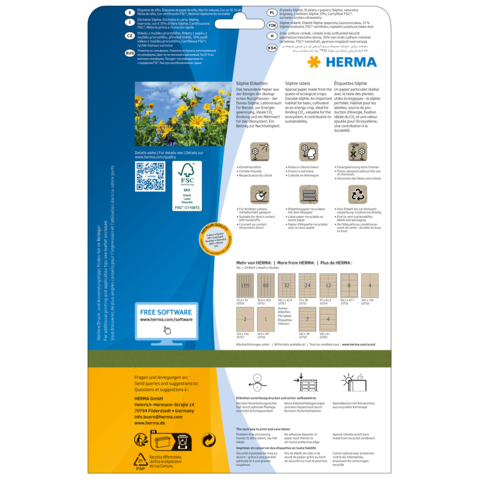 Rückseite einer Verpackung mit Informationen zu HERMA Produkten, einschließlich Anleitungen, Symbolen und einem QR-Code für kostenlose Software.