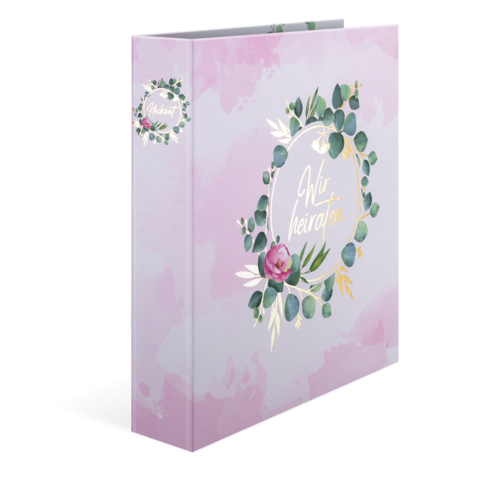 Ein Hochzeitsalbum mit einem floralen Design in Pastellfarben und dem Titel „Wir heiraten“ auf der Vorderseite.
