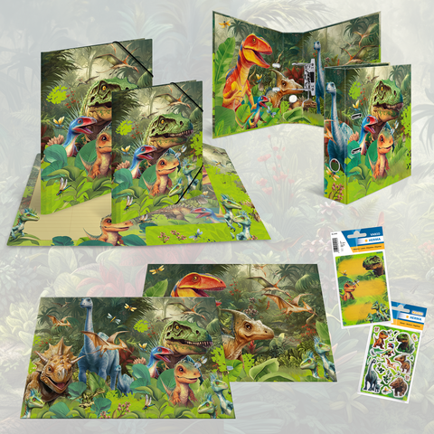 Dinosaur-themed binders and folders featuring colorful illustrations of various dinosaurs in a jungle setting.
