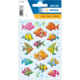 Bunte Fischaufkleber in verschiedenen Farben und Formen, umgeben von Wasserblasen und Pflanzen. Ideal für Dekoration oder Bastelprojekte.