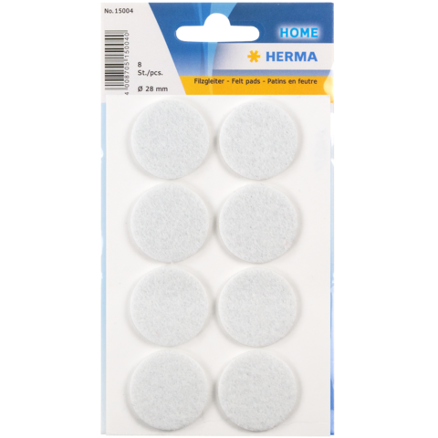 Neun runde Filzgleiter in einer Verpackung, Durchmesser 28 mm, geeignet für Möbel oder empfindliche Oberflächen.